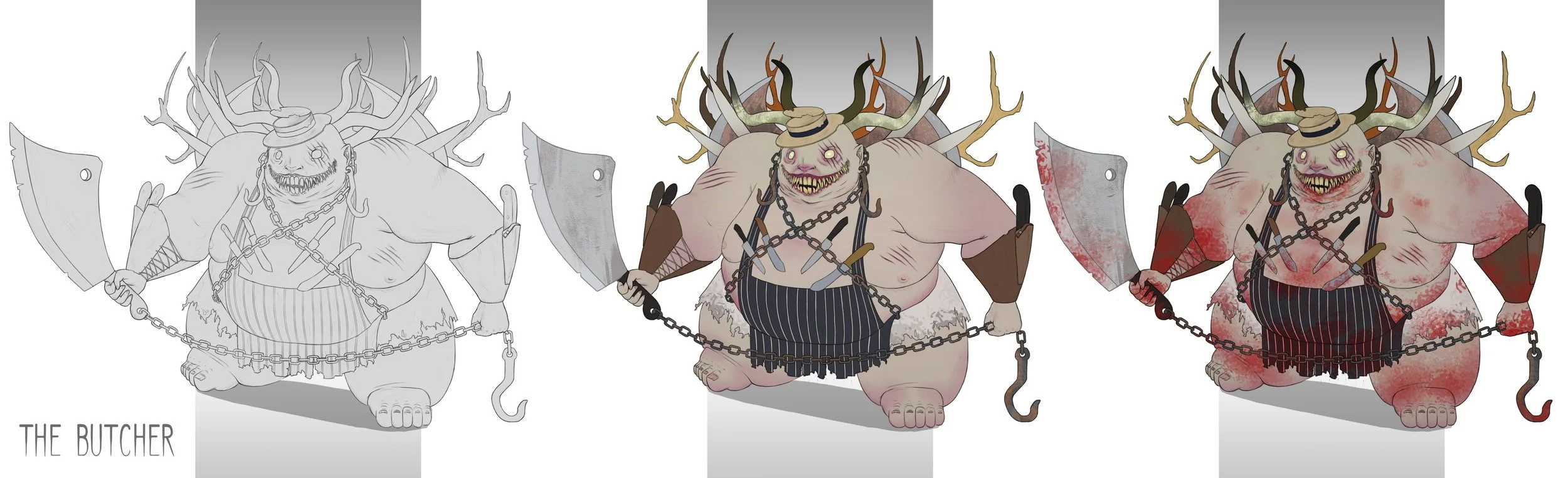 Progression of a cartoonish, monstrous humanoid butcher character with antler-like horns, chains, large axe, and a city skyline in the background, from a sketch to a colored and bloodied version, titled 'The Butcher'.