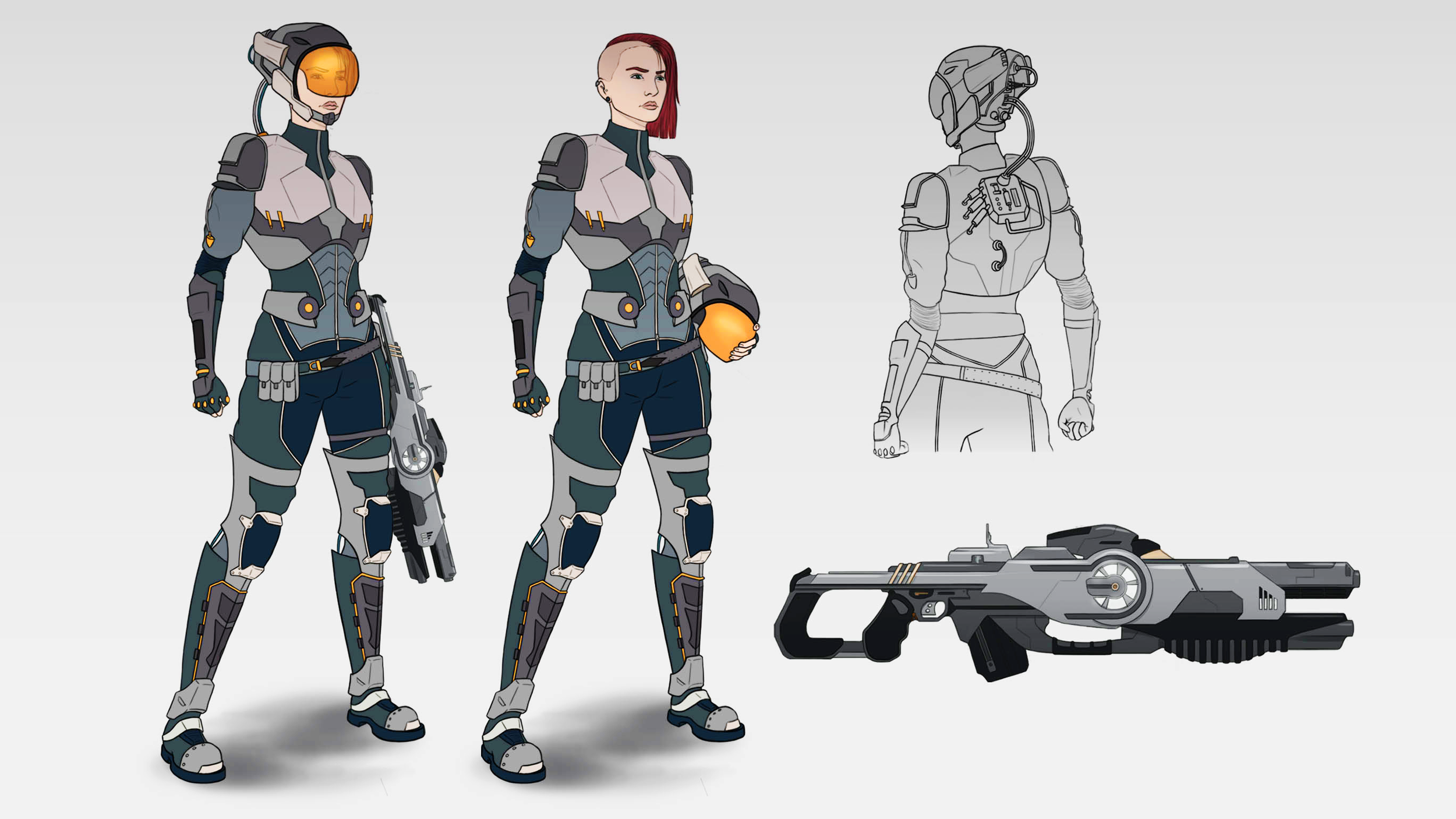 Concept art and character design of a female futuristic soldier in a high-tech suit, with a helmet in her hand, a detailed sci-fi gun, and a helmet with a visor, set against a simple background.