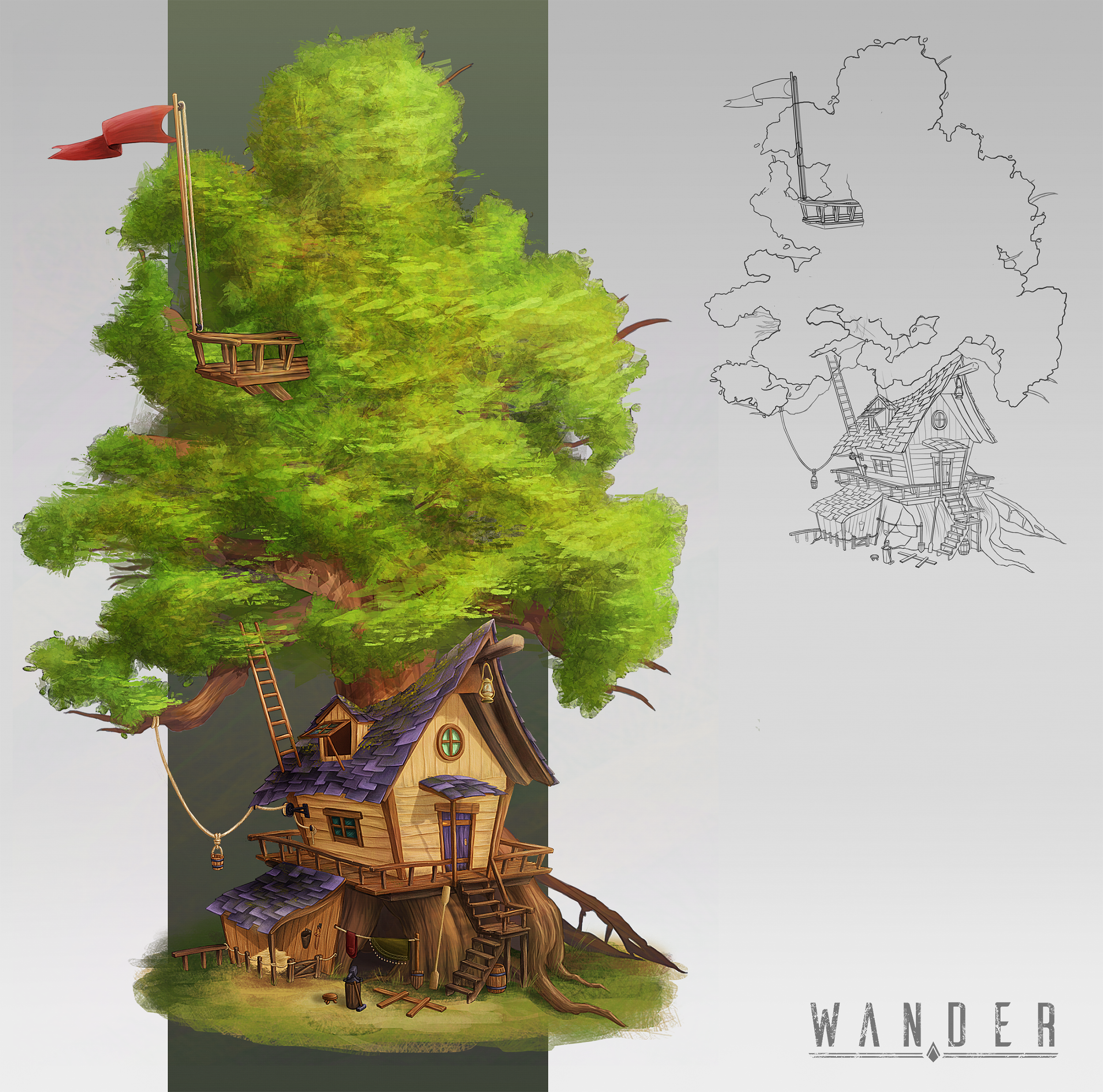 Illustration of a whimsical treehouse built into a large green tree, with ladders, a balcony, a slide, and small structures beneath. There is a sketch of the treehouse on the right side of the image.