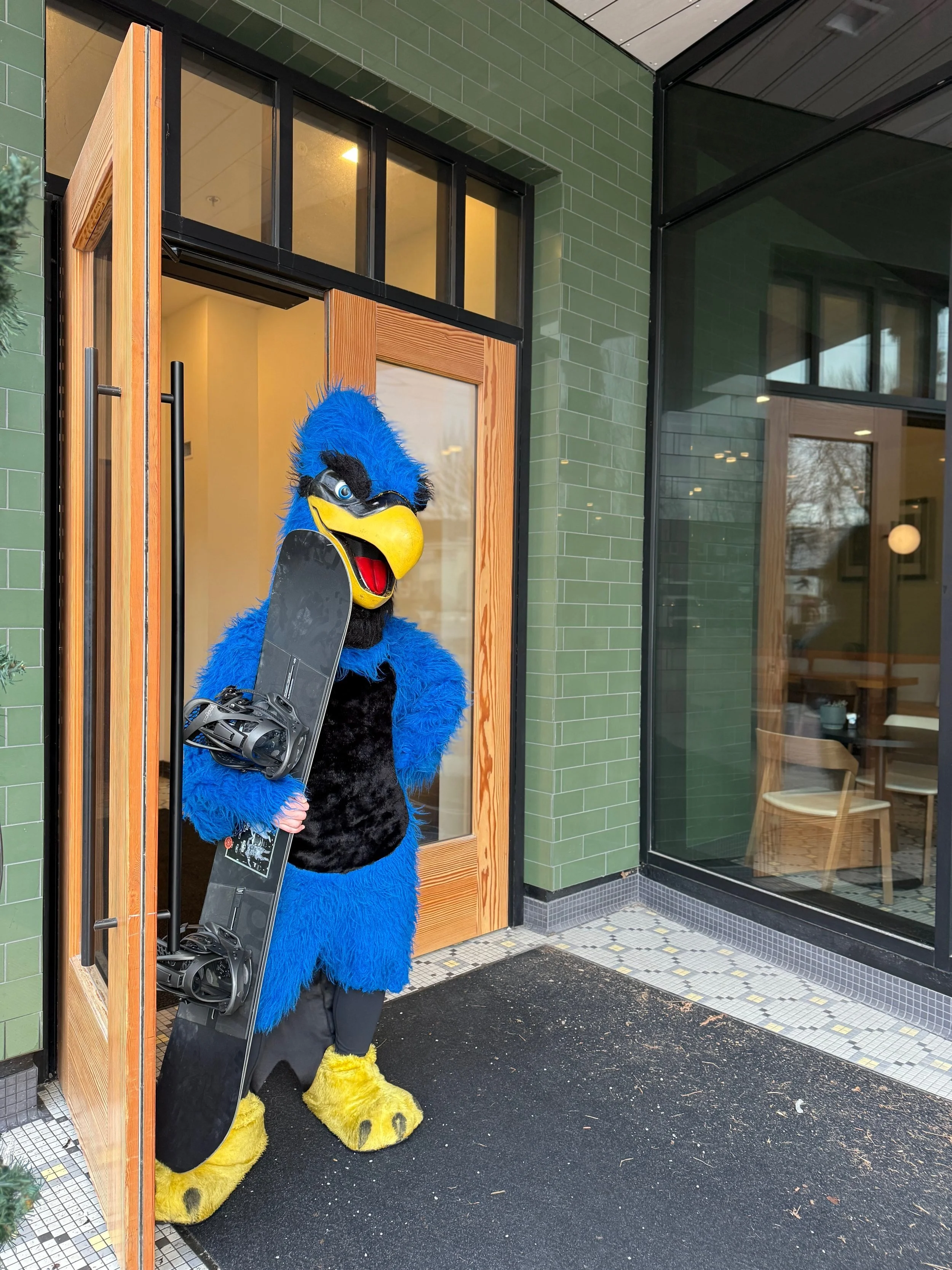 Mascot in blue bird costume holding snowboard at building entrance.