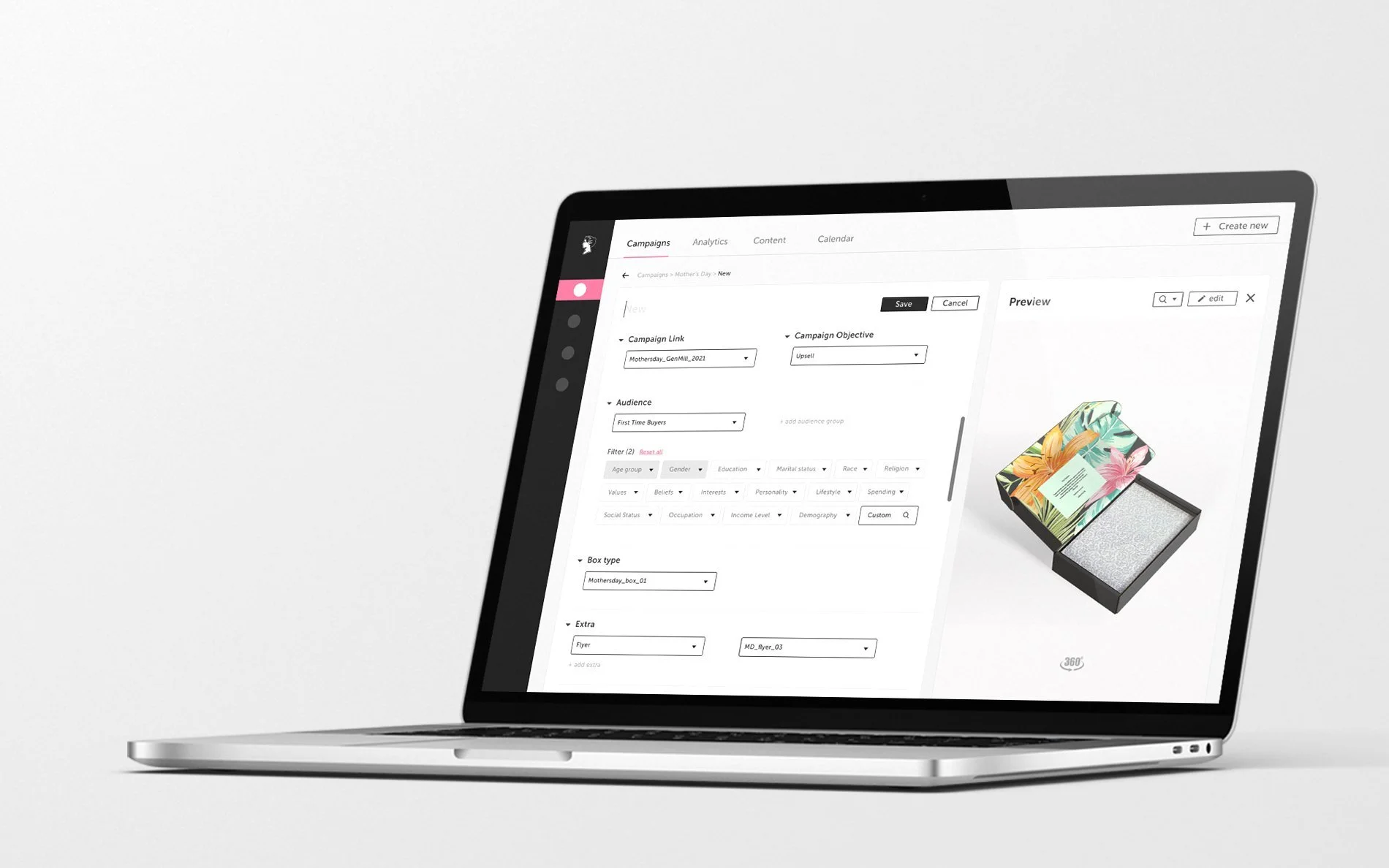 Laptop displaying a digital marketing campaign management interface with a tropical-themed box design on the right side.