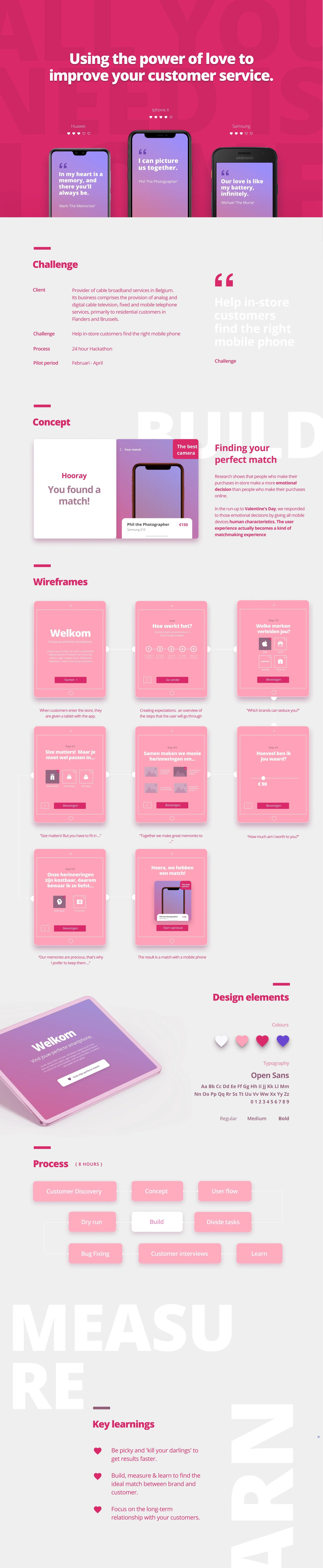 Infographic about using love to improve customer service, including smartphone images, challenges, concepts, wireframes, design elements, process steps, and key learnings.