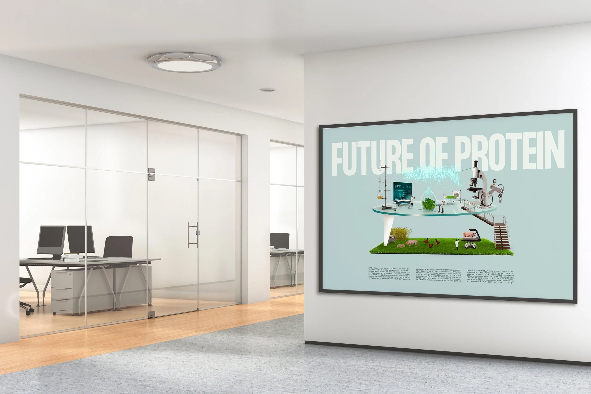 Office hallway with a glass wall partition, showing an office with desks and computers, and a large display board on the white wall reading 'Future of Protein' with scientific and farm imagery.