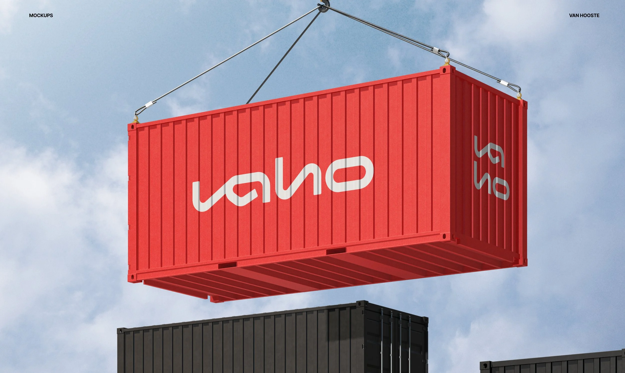 A red shipping container with the word 'vaho' in white, floating in the sky with a blue background and white clouds, attached to a crane or lifting mechanism.