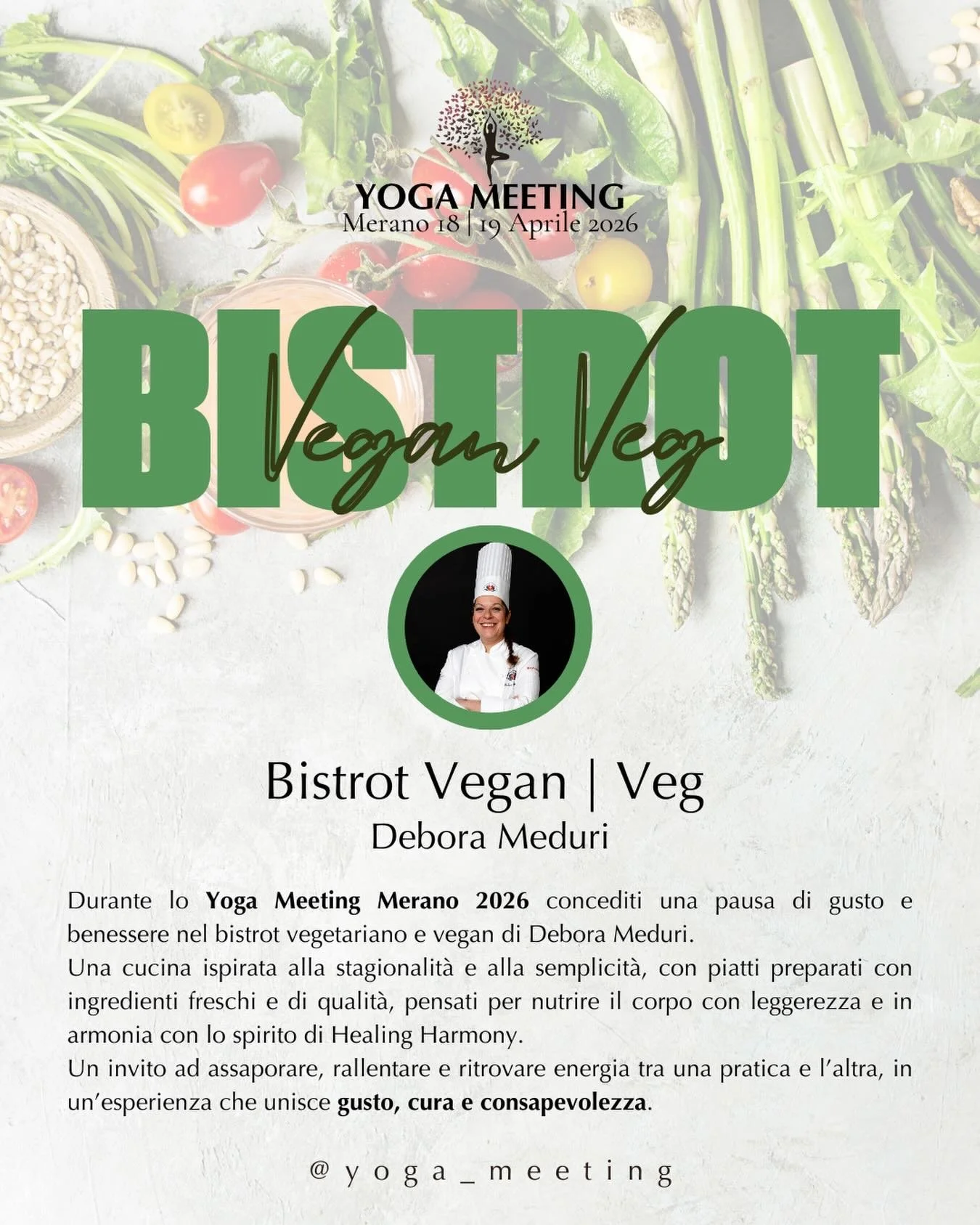 Debora Meduri porta il suo bistrot vegetariano e vegan al Meeting di quest&rsquo;anno.
Un viaggio di gusto, semplicit&agrave; e benessere, pensato per accompagnare ogni momento del tuo percorso tra pratiche, incontri e ispirazione.

Durante tutta la 