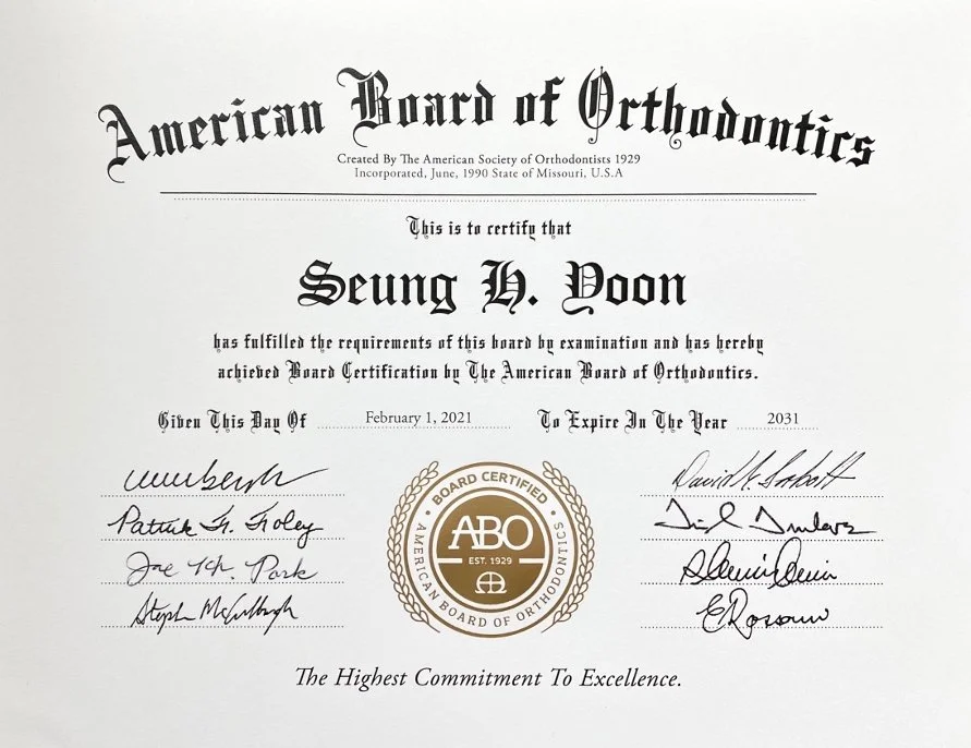 Certification document from the American Board of Orthodontics awarded to Seung H. Yoon,