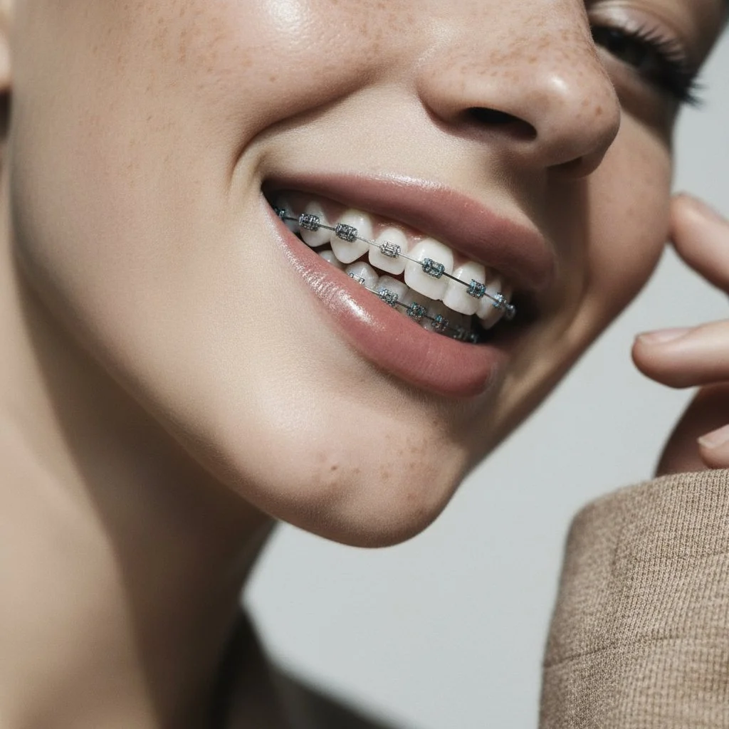 Close-up of a person's smiling face showing white teeth with braces.