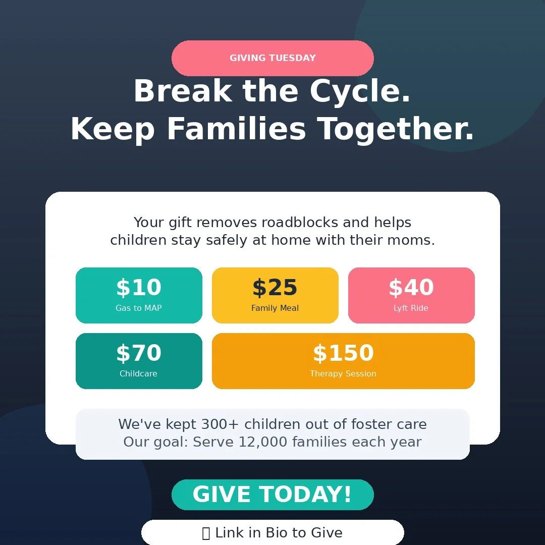 This Giving Tuesday, your gift removes roadblocks and changes lives.
MAP has kept more than 300 children safely at home with their moms&mdash;but we're ready to do so much more. Our vision? Serve 12,000 families each year within 10 years.

Right now,