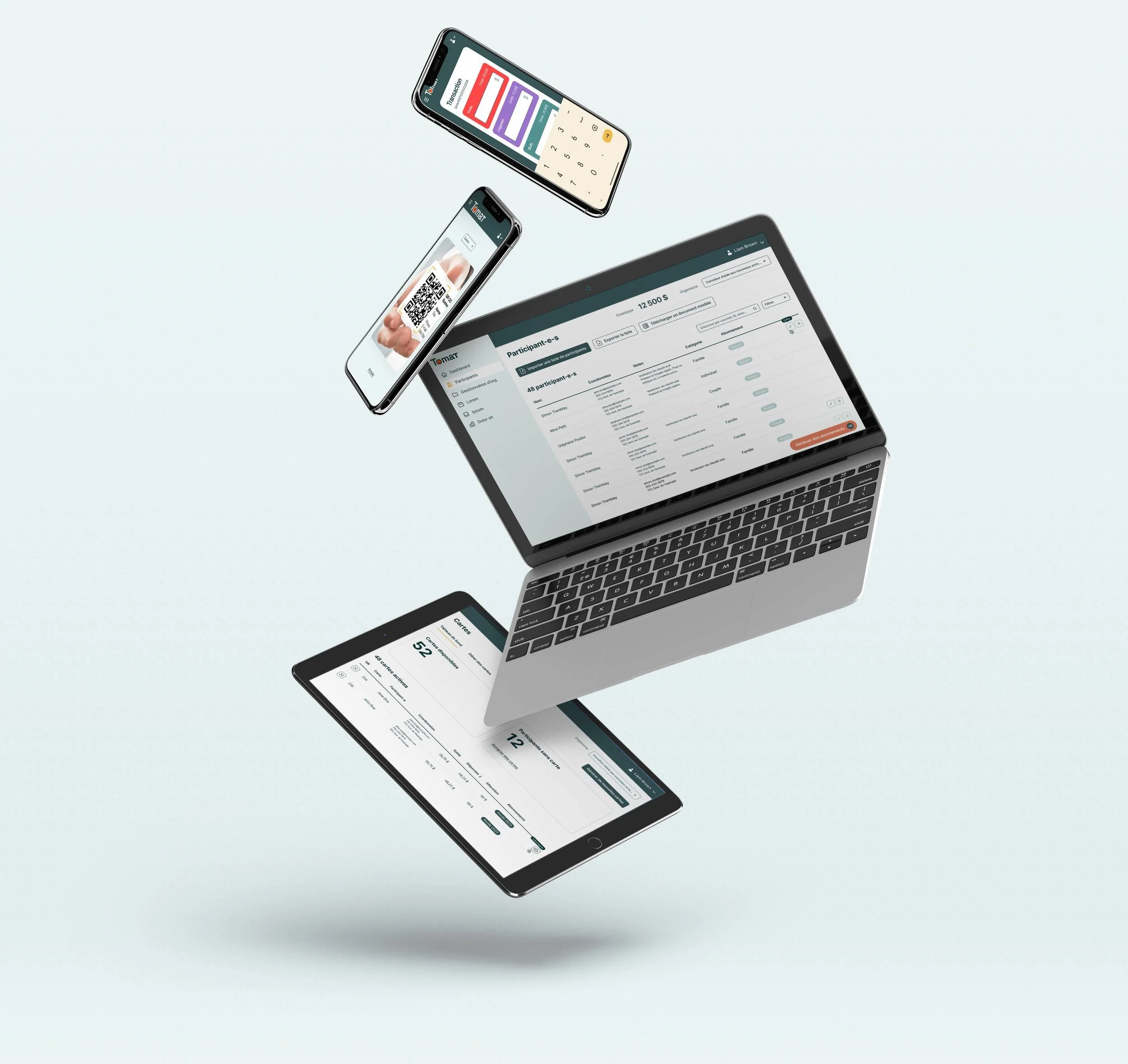 Une visualisation d'un ordinateur portable, une tablette, et deux téléphones, tous affichant des applications et produits numériques.