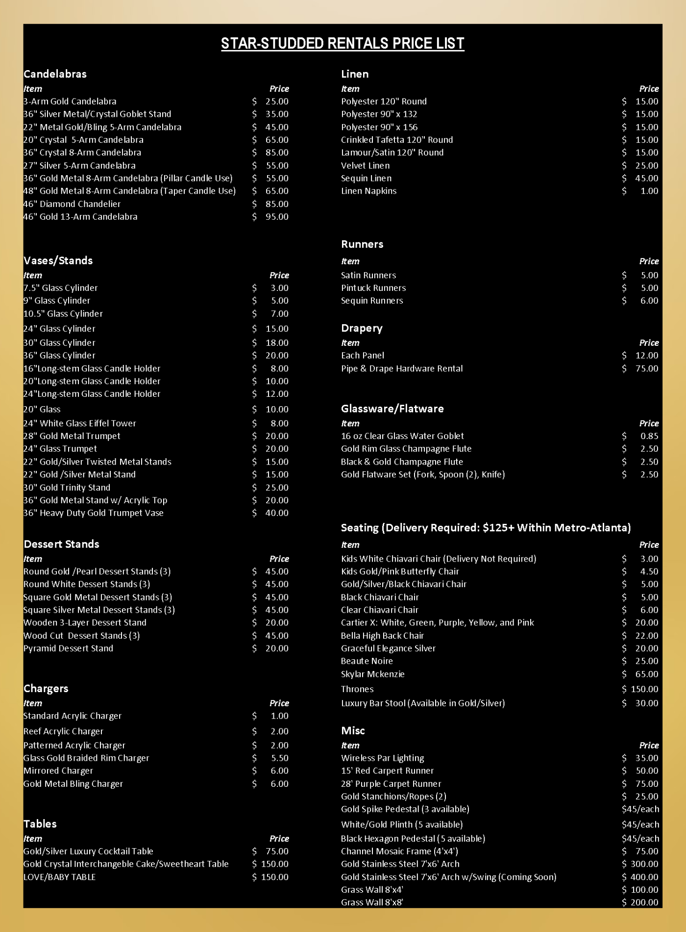 Rental Price List — Star Studded Productions