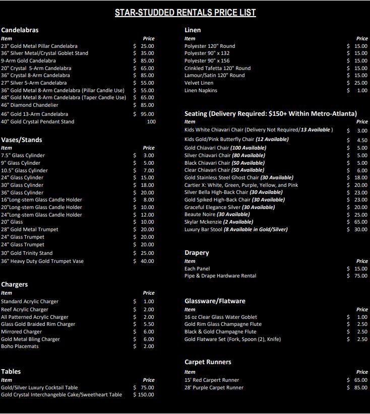 Rental Price List — Star Studded Productions