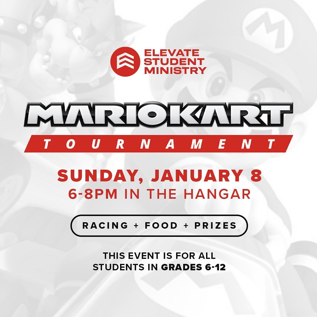 Start your engines! Join us in the Hangar, next Sunday at 6pm, for Elevate&rsquo;s 1st Annual Mario Kart Tournament! The night will include racing, a popcorn bar, prizes, and much more. Mario Kart not your thing? That&rsquo;s okay! We will have two s