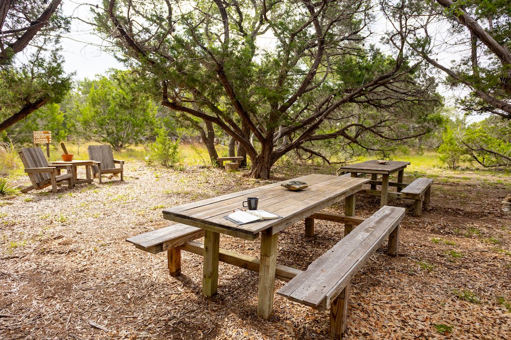 Picnic Area: features 3 large picnic tables with overhead string lights for evening ambiance, along with cozy seating spots and charming tables. 