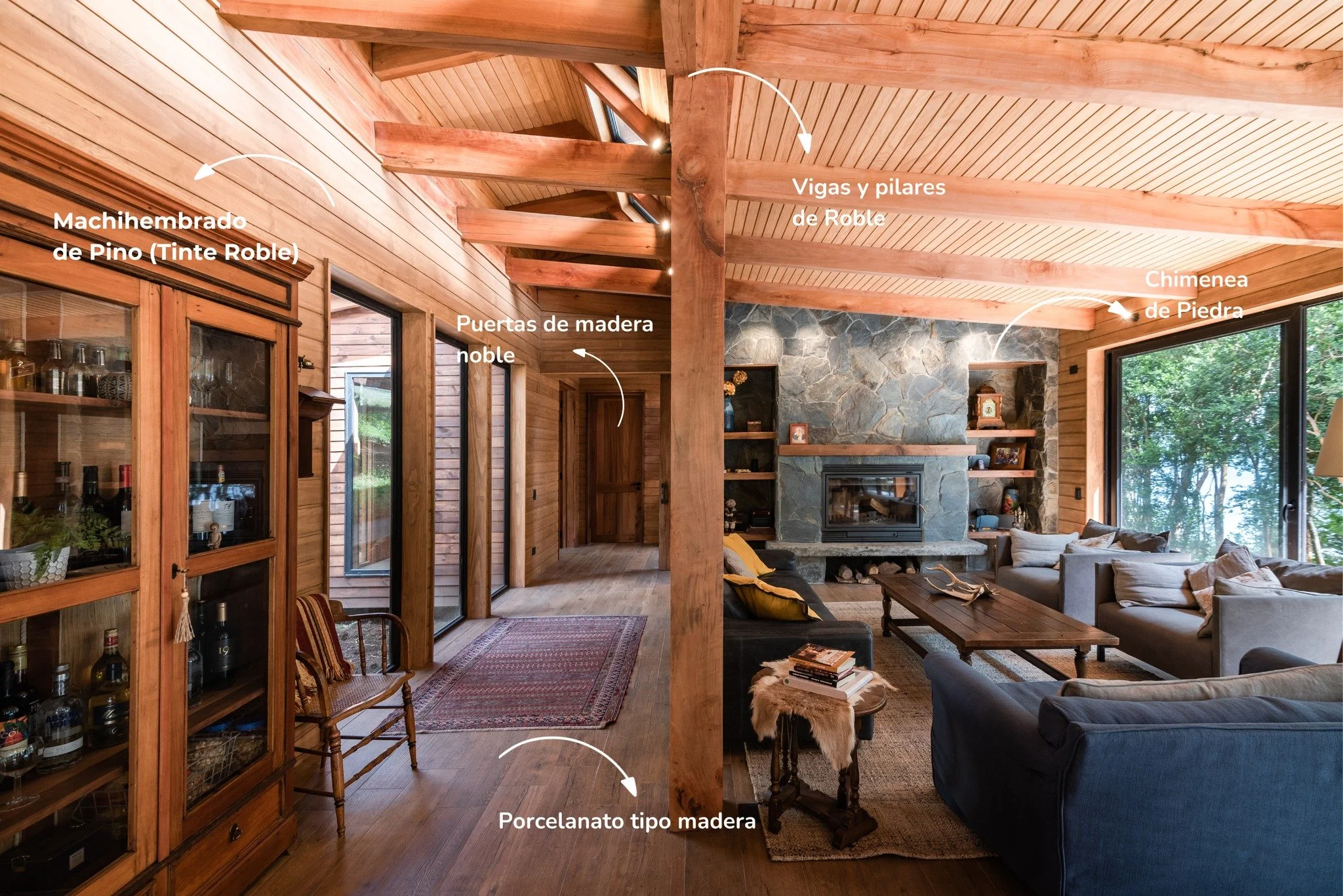 🏡 Full madera, full confort. Este living-comedor muestra c&oacute;mo la arquitectura en madera puede unir calidez, durabilidad y eficiencia en un mismo espacio. Con vigas y pilares de roble, machihembrado de pino (tinte roble), puertas de madera nob