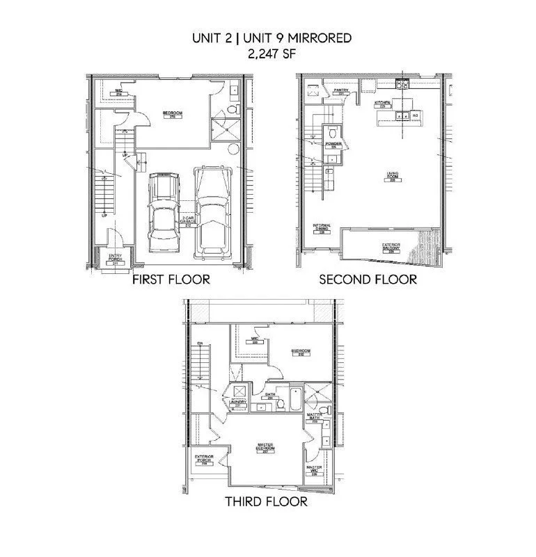 Detailed floor plan of a spacious three-story townhouse in Chestnut Hill, Nashville, featuring 3 beds, 3.5 baths, and modern amenities
