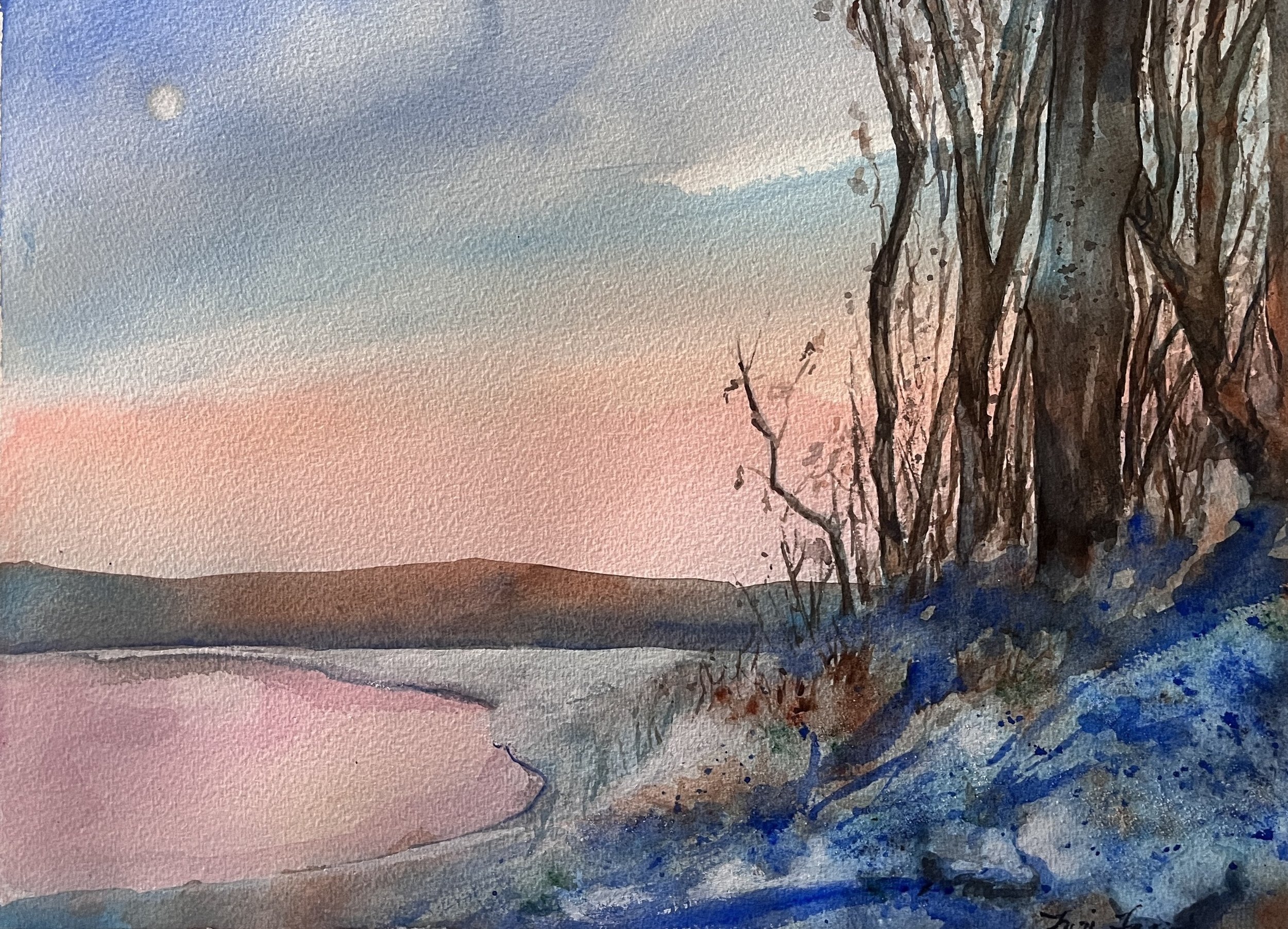Serene Sunset Watercolor Landscape