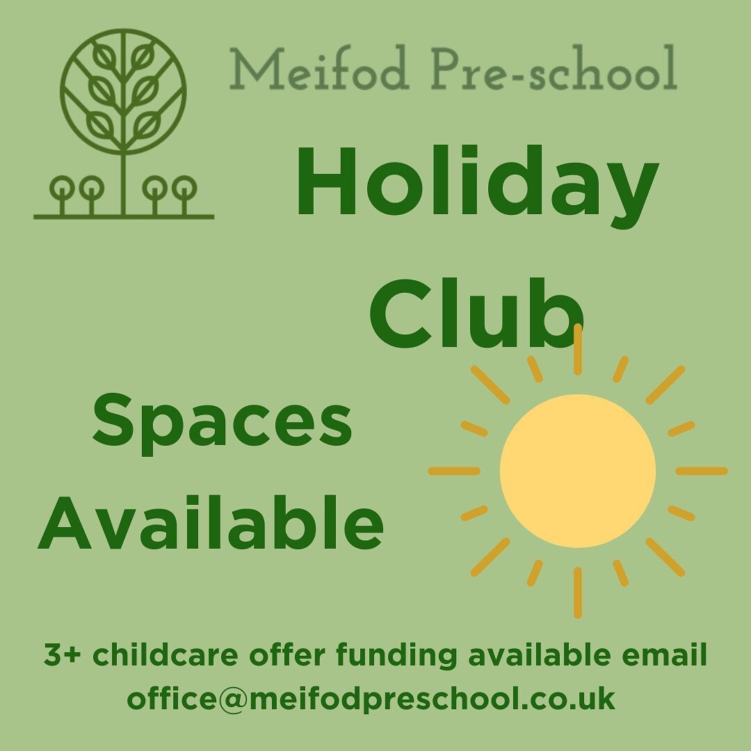 ☀️ Holiday Club ☀️ 

We have spaces on the following dates for holiday club this summer, 8.30am - 4pm - &pound;30 per a day or childcare offer funding accepted. please email office@meifodpreschool.co.uk for more information or a registration form 

M