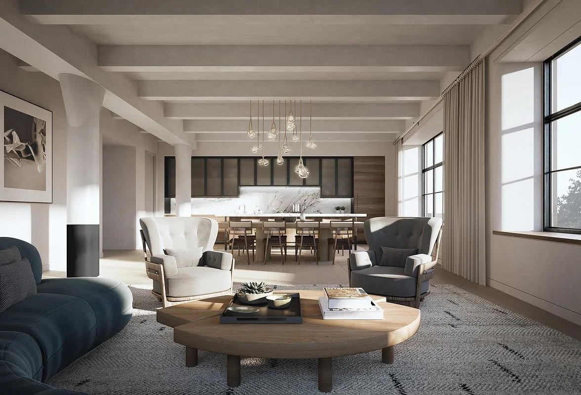 Modern open-concept living and dining area with contemporary furniture, large windows, and elegant lighting.