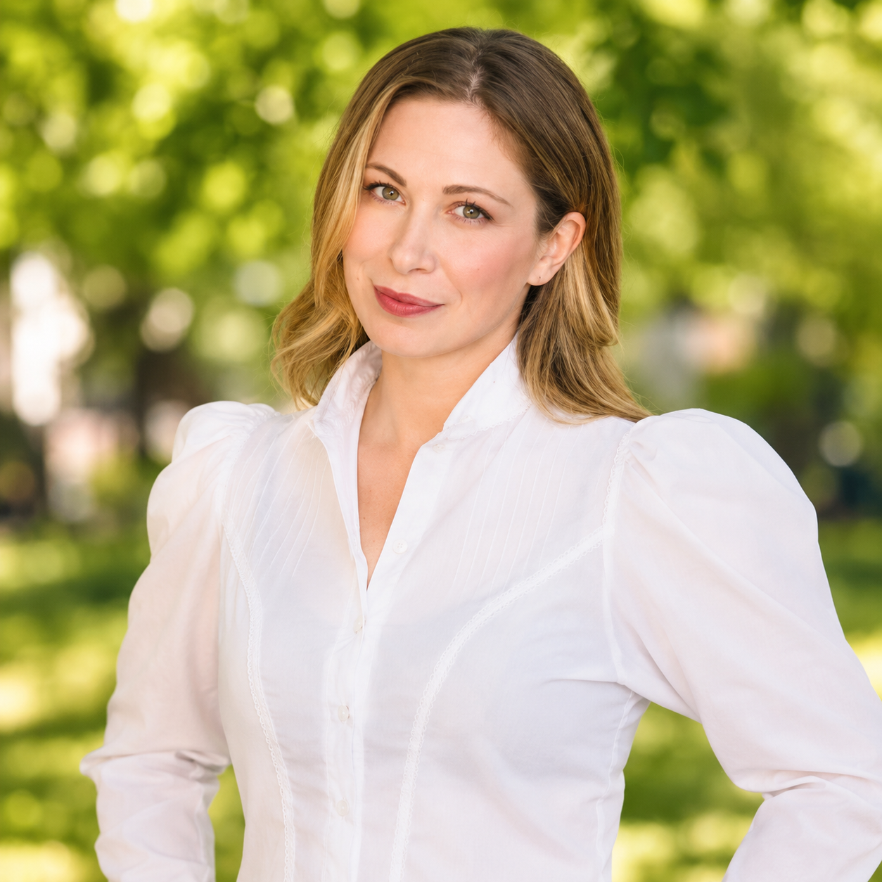 A woman with shoulder-length light brown hair, wearing a white blouse, poses outdoors with a green, leafy background.