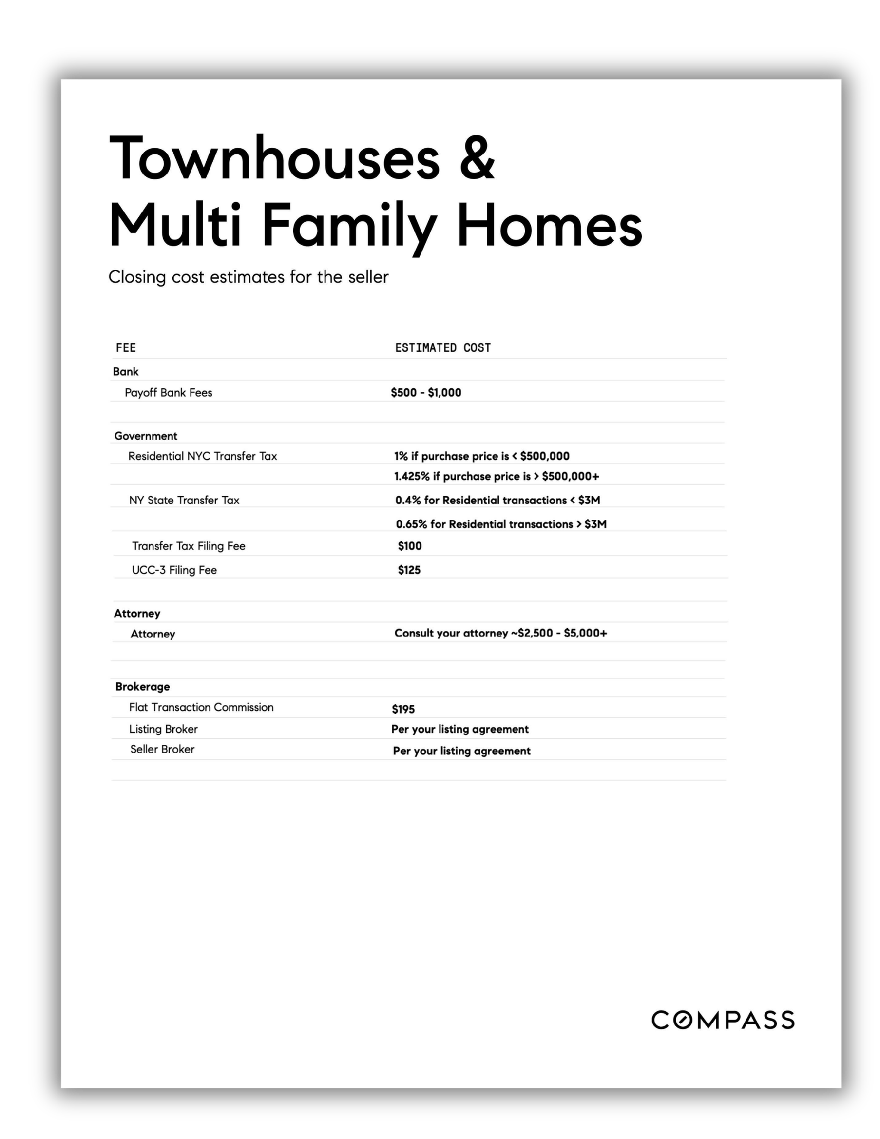A document titled 'Townhouses & Multi Family Homes' showing closing cost estimates for sellers, including fees for bank, government, attorney, and brokerage services, with detailed cost ranges and specific fees listed.