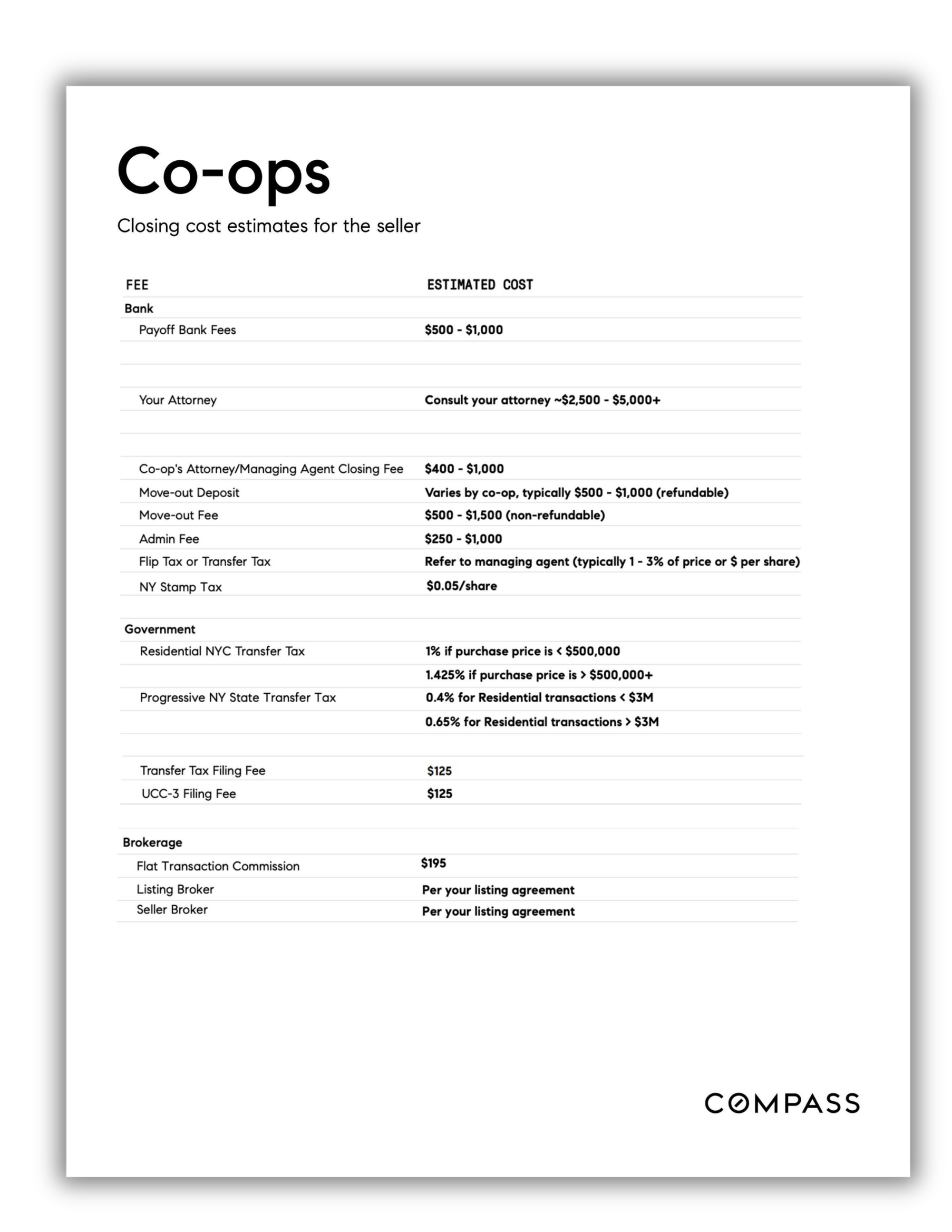 A document titled 'Co-ops' listing closing cost estimates for sellers, including bank fees, attorney fees, managing agent fees, taxes, and brokerage fees, with specific cost ranges and percentages.