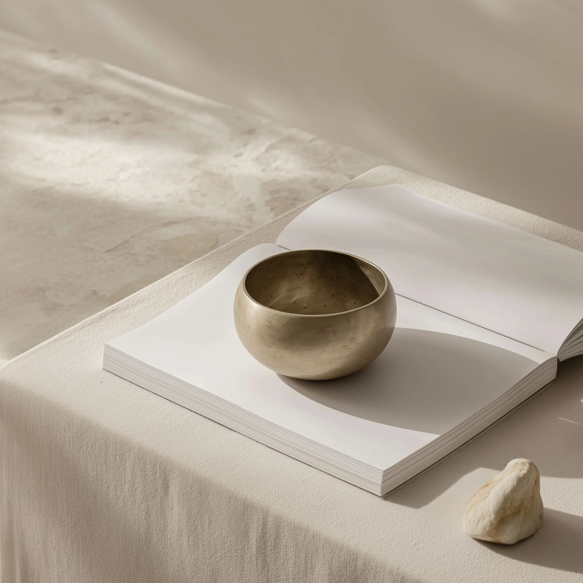 Brass bowl on notebook with rock