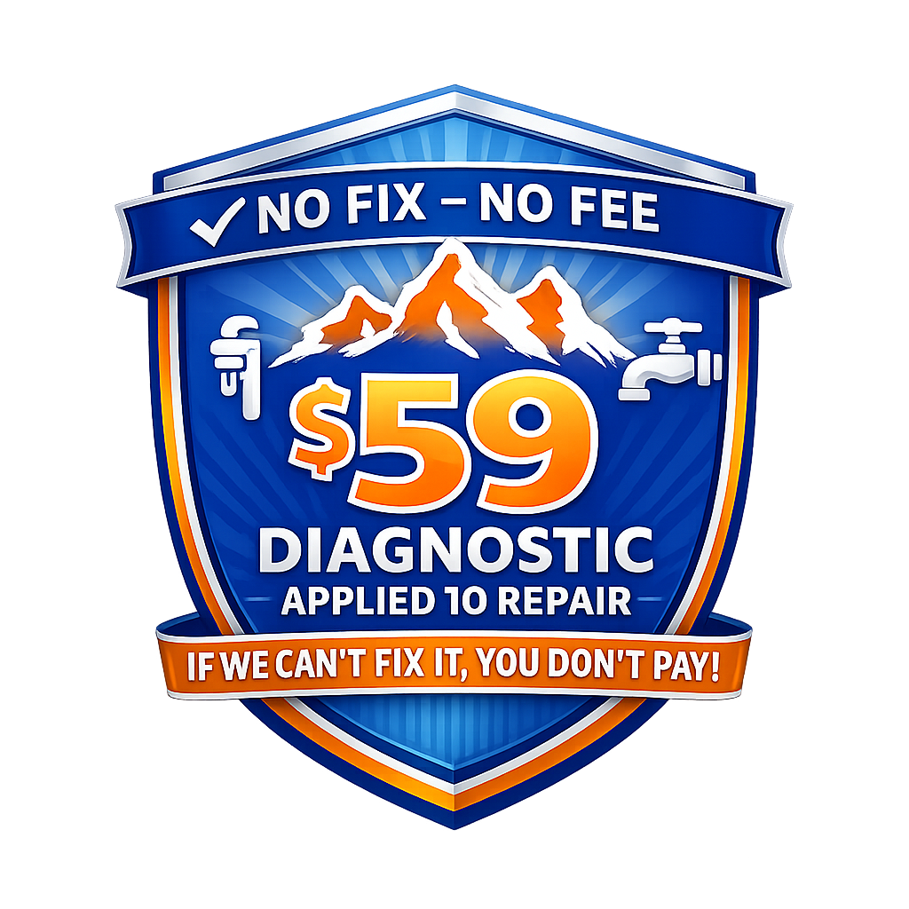 A promotional badge for a vehicle diagnostic service offering a $59 price with no fix, no fee policy. The badge features mountains, a pipe wrench, and a water faucet graphic, and states that if the problem can't be fixed, the customer does not have to pay.