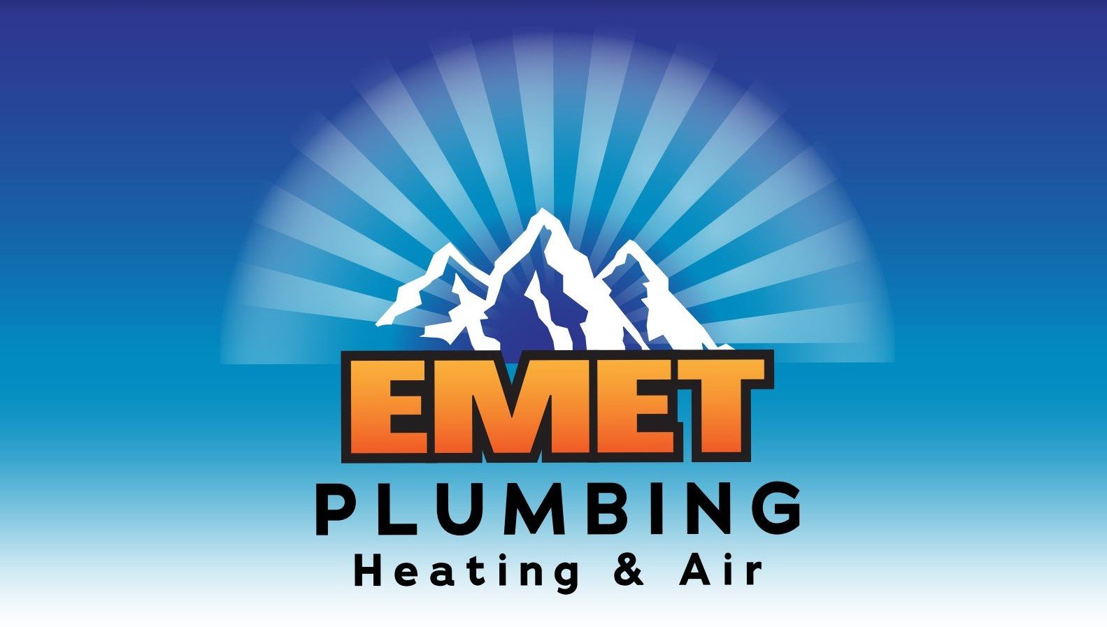 Logo of Emmet Plumbing featuring mountain peaks, a radiating sunrise, and the company name with services in heating and air.