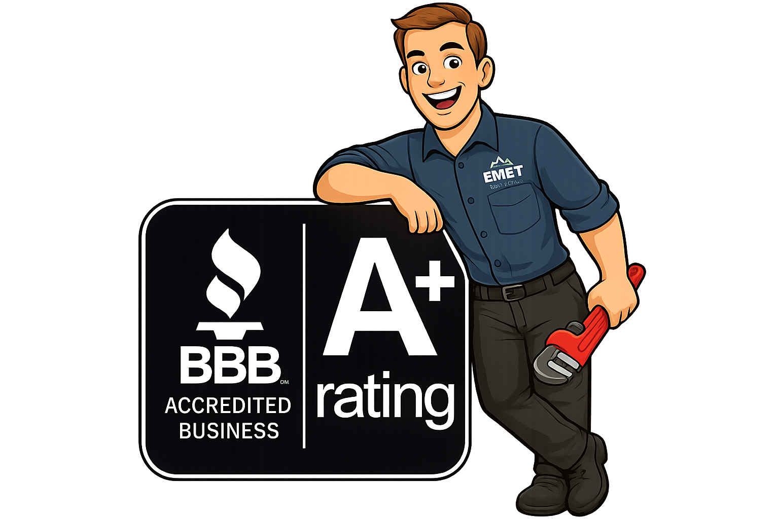 A cartoon man in a blue work shirt with 'EMET' embroidered on it, holding a red pipe wrench, leaning on a sign that says 'BBB ACCREDITED BUSINESS rating' with a stylized flame logo.