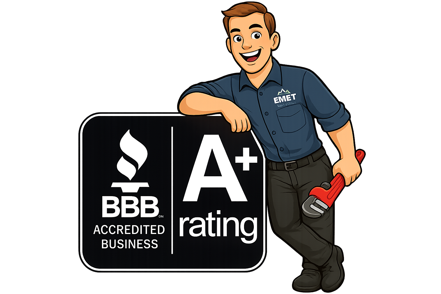 A cartoon illustration of a smiling technician in a blue shirt with 'EMET' logo, holding a wrench, leaning on a black sign with BBB accreditation and 'A+ rating' on it.