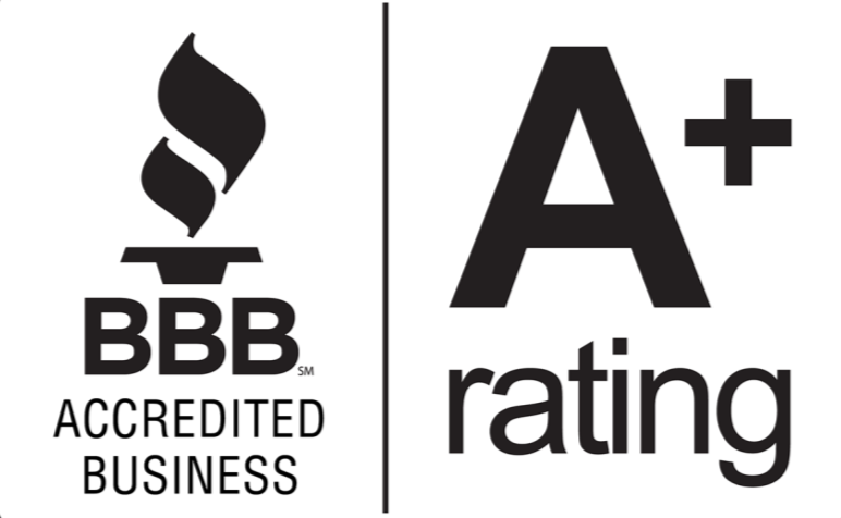 BBB accreditation logo next to an A+ rating and review score.