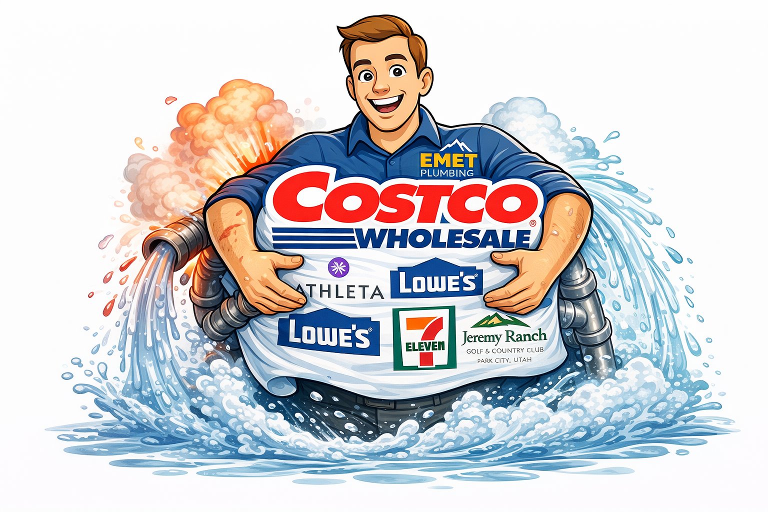 A cartoon man in a blue shirt holding a large white list of store logos, with water spraying from hoses attached to his arms, including logos for Costco, Lowe's, 7-Eleven, Athleta, Jeremy Ranch, and EMET Plumbing, with an explosion in the background.