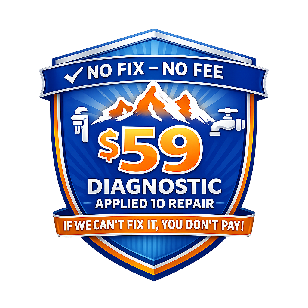 A blue and orange automotive repair sign with mountain peaks and a tap handle in the background, advertising a $59 diagnostic with no fix, no fee policy, and a money-back guarantee.