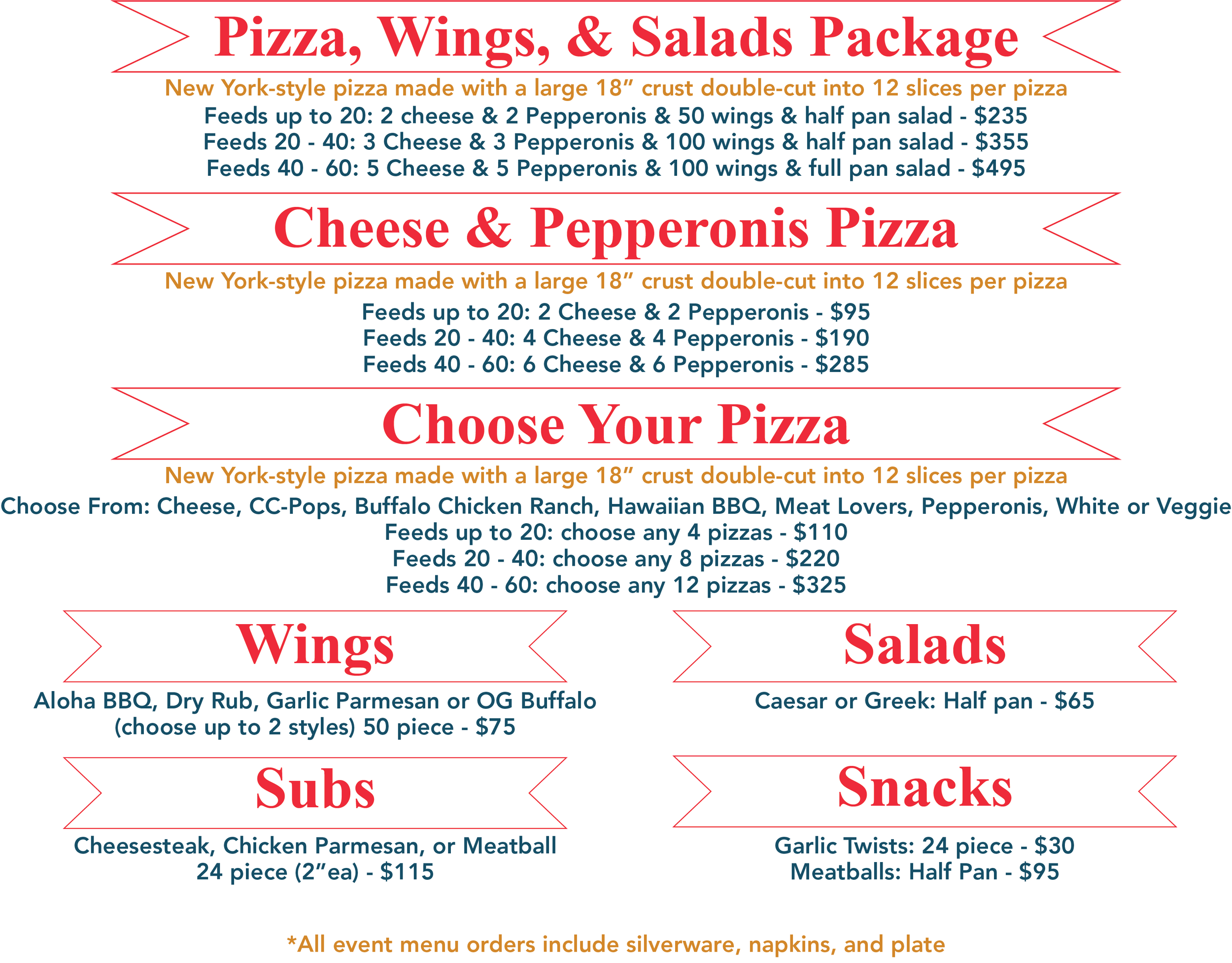 Catering menu for pizza, wings, salads, subs, and snacks. It features sections for pizza packages, cheese and pepperoni pizza options, customizable pizzas, wings, salads, subs, and snacks like garlic twists and meatballs.