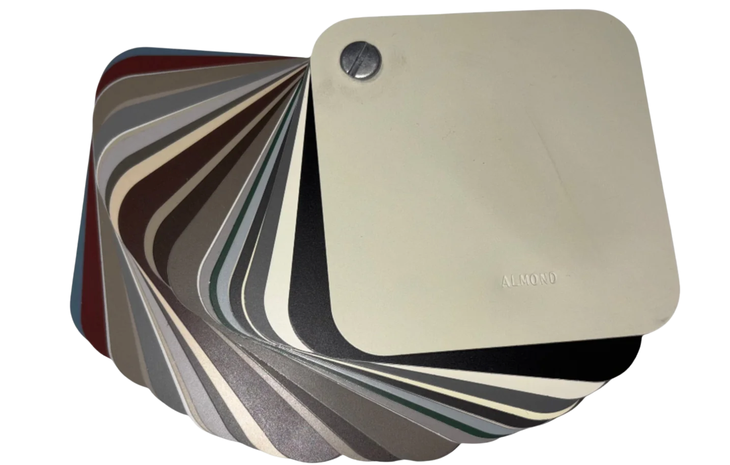 A fan deck of paint color samples, with a cream-colored shade labeled 'Almond' at the front.