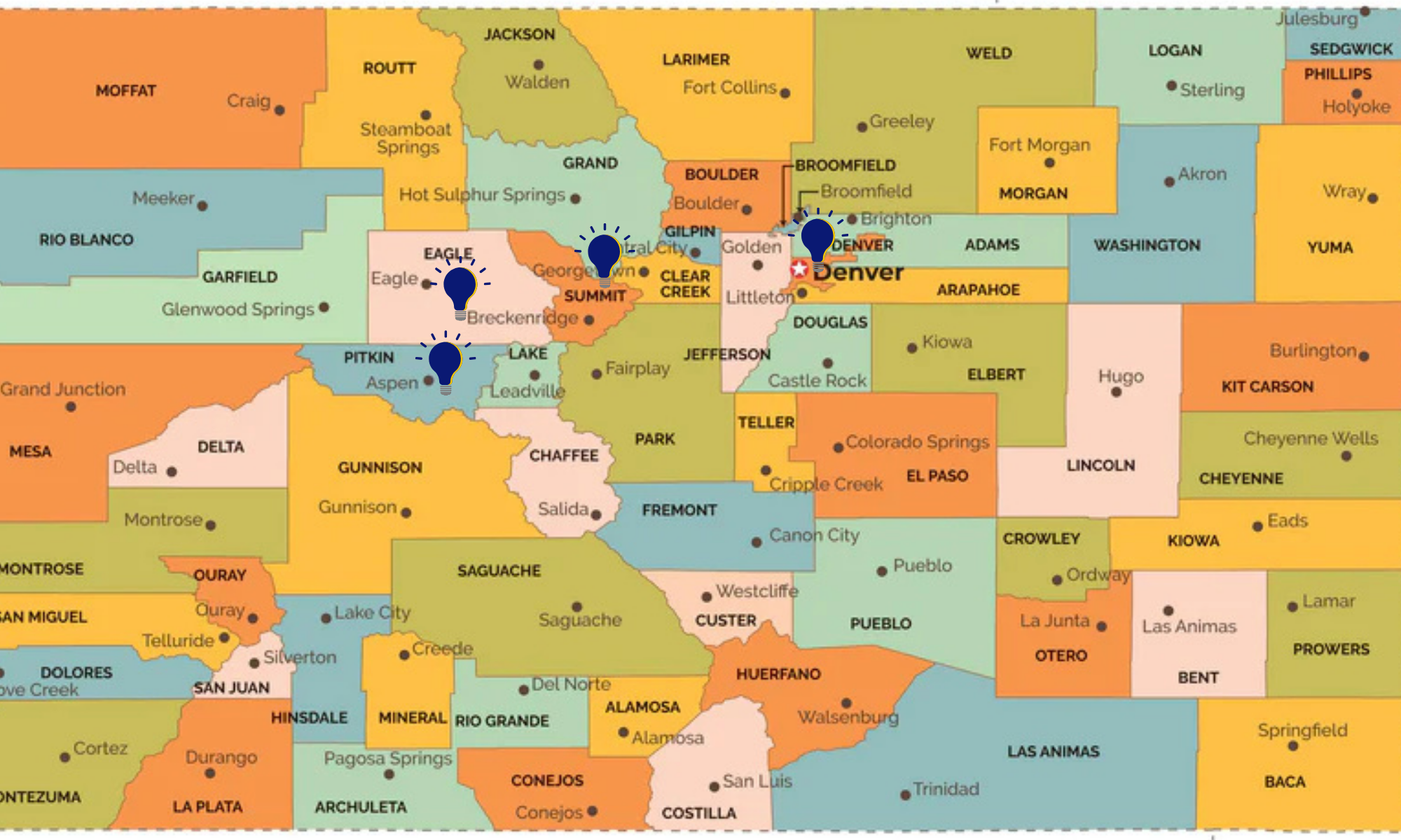 Map showing counties in Colorado with three location markers, indicating points of interest or significance. The markers are positioned near Eagle, Summit, and Denver.