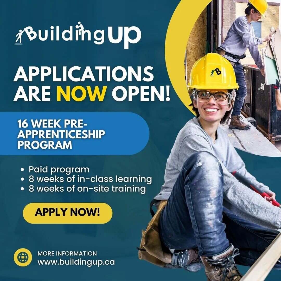 🔨💥 Guess what, @buildingup.to is back at it! 💥🔨
 
Applications for their 16-week pre-apprenticeship program are now OPEN!

🚀 They're on the lookout for passionate go-getters ready to dive into a fulfilling career in the trades. Below is what's b