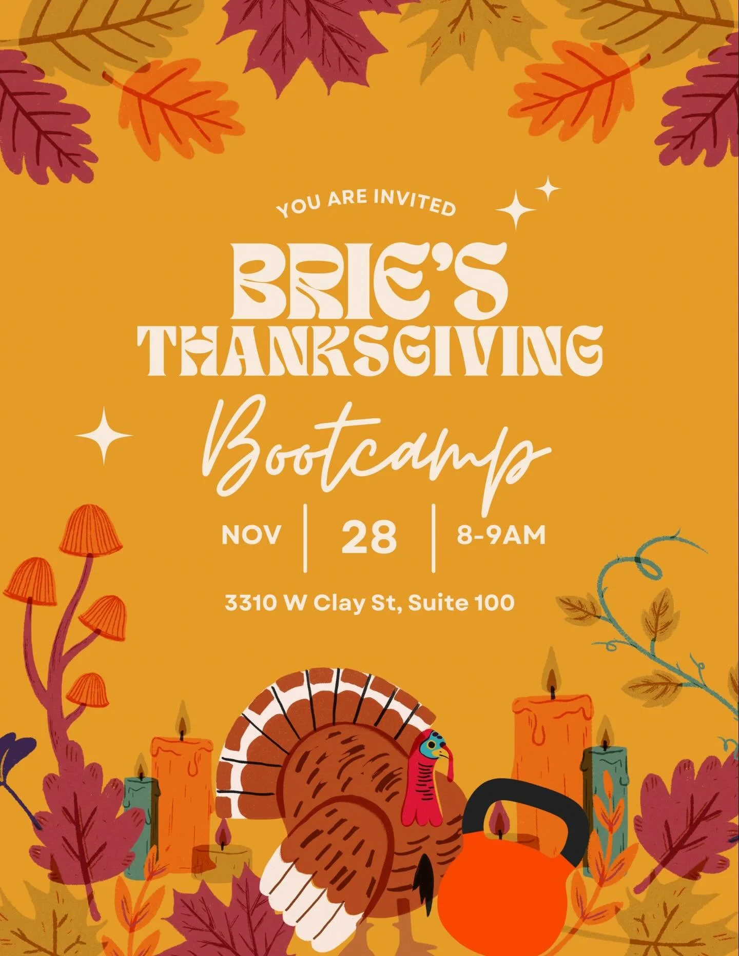 Happy Holiday season, everyone! 🎉
Kick off your Turkey Day with a sweat! Next Thursday, Nov 28th from 8&ndash;9 AM, Coach @briecolonialfit is leading a special morning bootcamp to get you fired up for the festivities. 🔥💪

&mdash; $15 to reserve yo