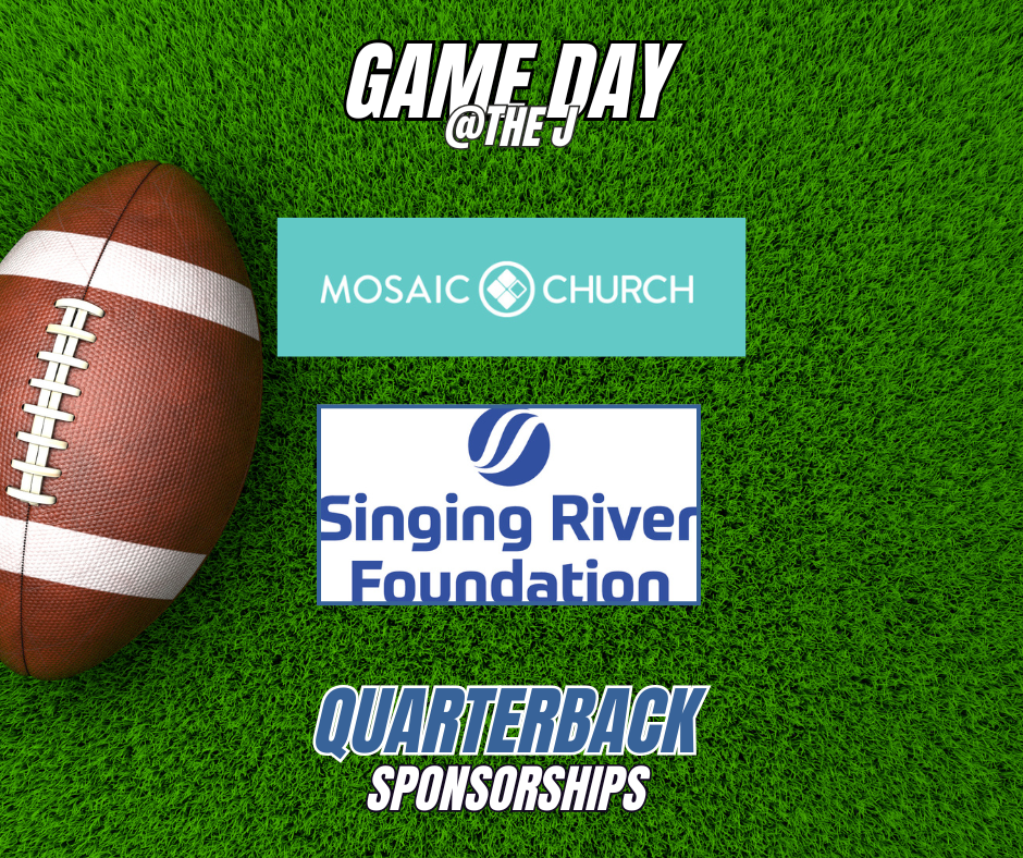 Football on green grass with text promoting sponsorships for quarterback at the game of the day, including Mosaic Church and Singing River Foundation logos.