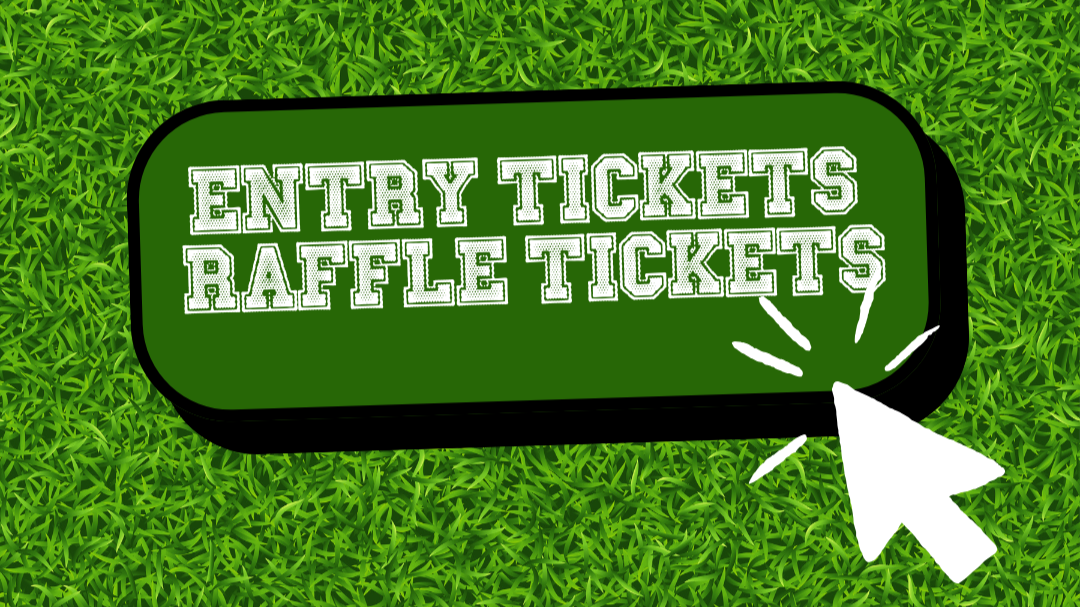 A digital illustration of a green ticket with the words 'Entry Tickets' and 'Raffle Tickets' on it, placed on a grass background, with a white cursor pointing at the ticket.