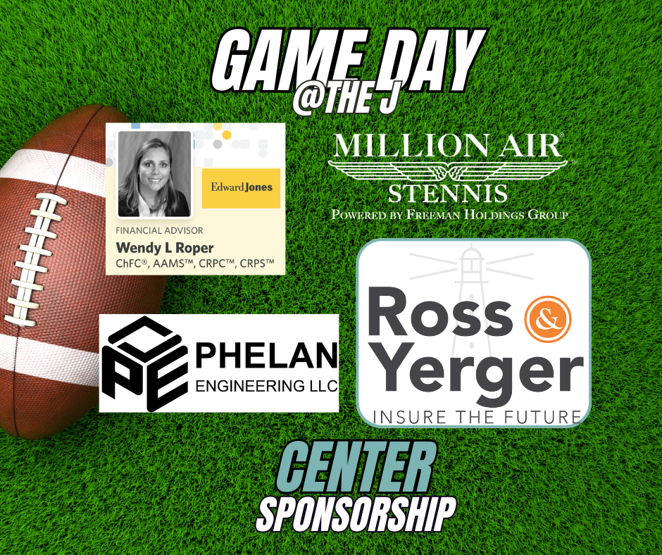 Graphic promoting a football game event with sponsorships. Features a football on green grass, large text reading 'GAME DAY @ THE J', and logos of Millon Air Stennis, Phelan Engineering LLC, and Ross & Yerger insurance. Also includes the headshot of Wendy L Roper, a financial advisor, and text about sponsorship and center sponsorship.