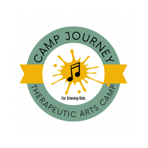 Logo for Camp Journey Therapeutic Arts Camp, featuring a paint splash with a musical note in the center and text around it.