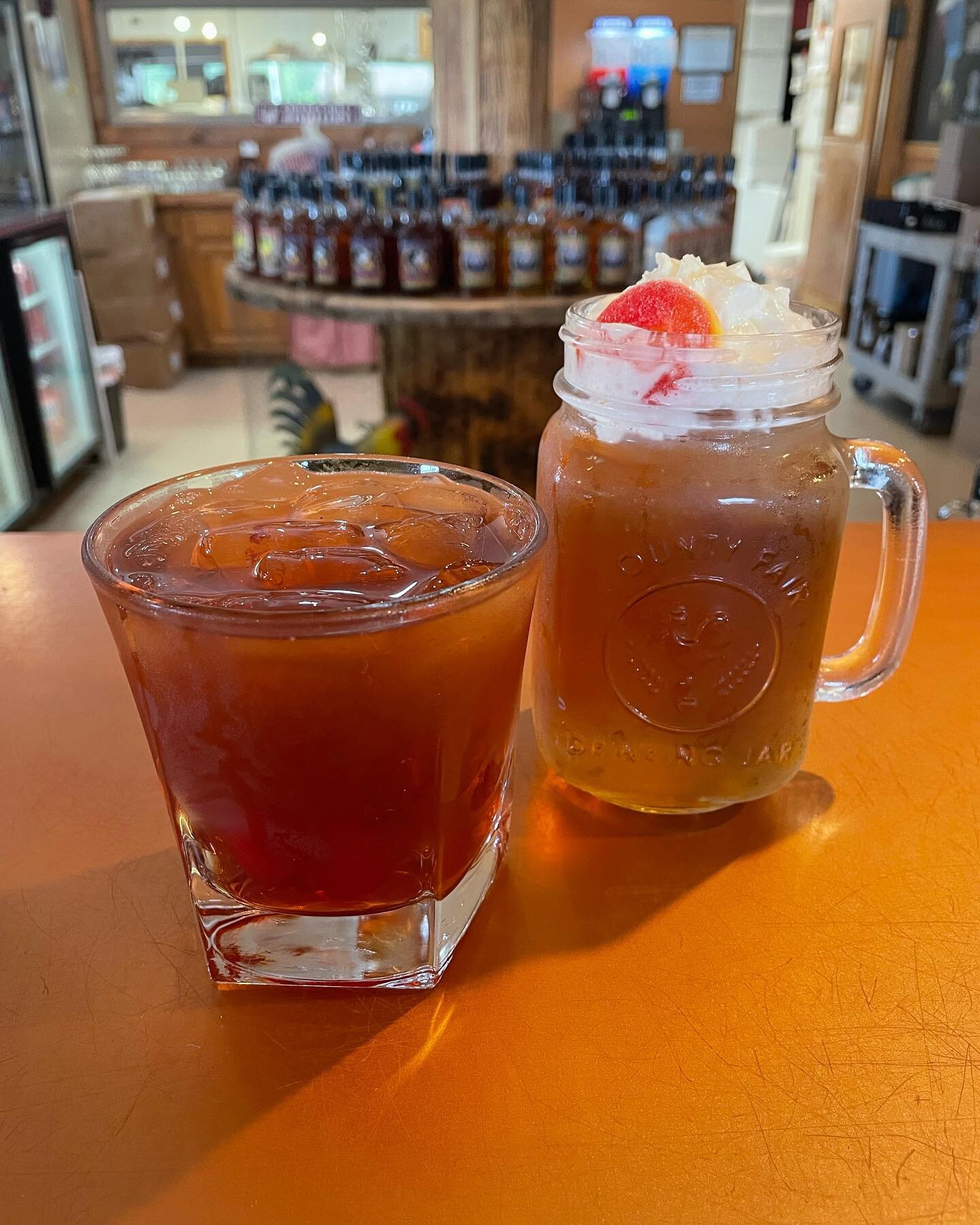 Two new cocktails! Cherry bourbon tea and Peach cobbler 😋 plus and entire cocktail menu. Come try what we have! 🍹(main store only)