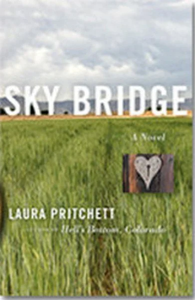 The cover to the novel Sky Bridge is shown. It depicts a green open field with mountains in the background. At the forefront is a metal and wood heart-shaped lock.