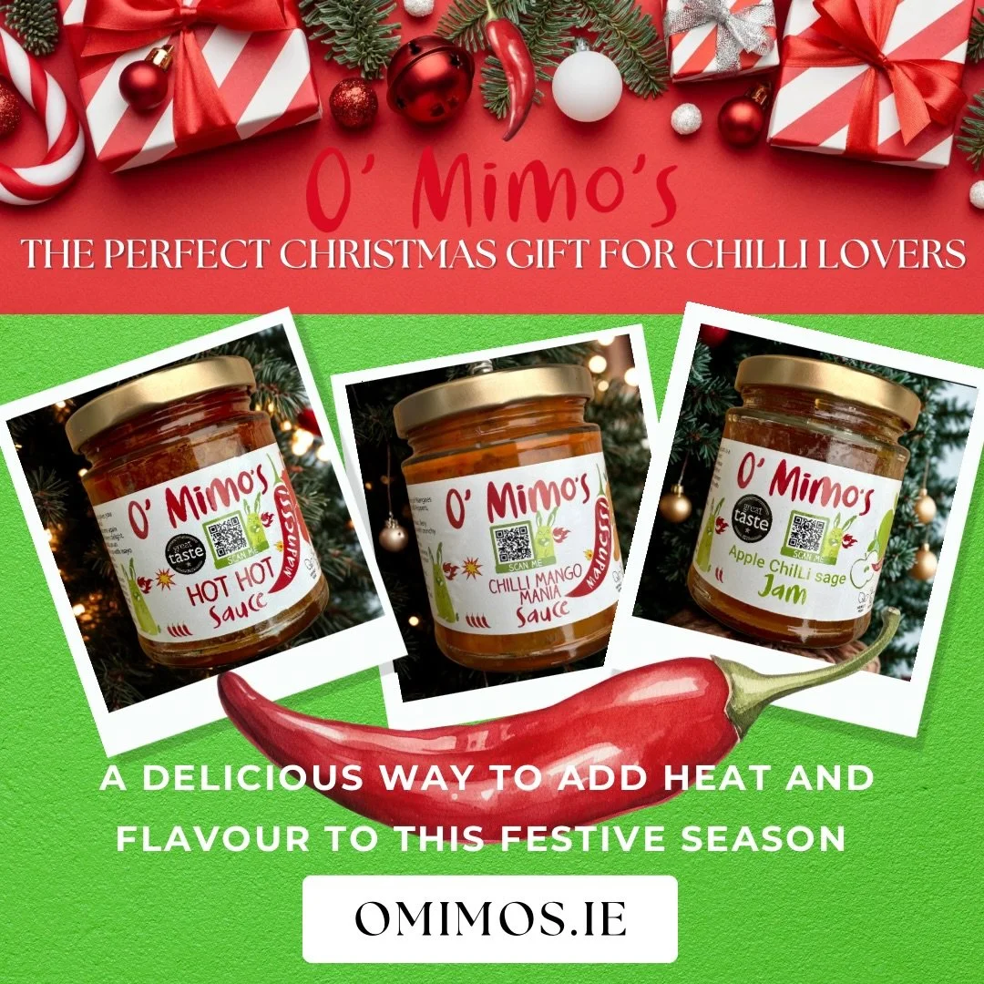 🎄🌶️ The Perfect Gift for Chilli Lovers! 🎁
This Christmas, treat someone special to the @omimos.chillimadness Gift Box, a delicious trio of handcrafted flavours made in Laois with love (and a little madness!) @gs_gourmet_jams factory 
Each box incl