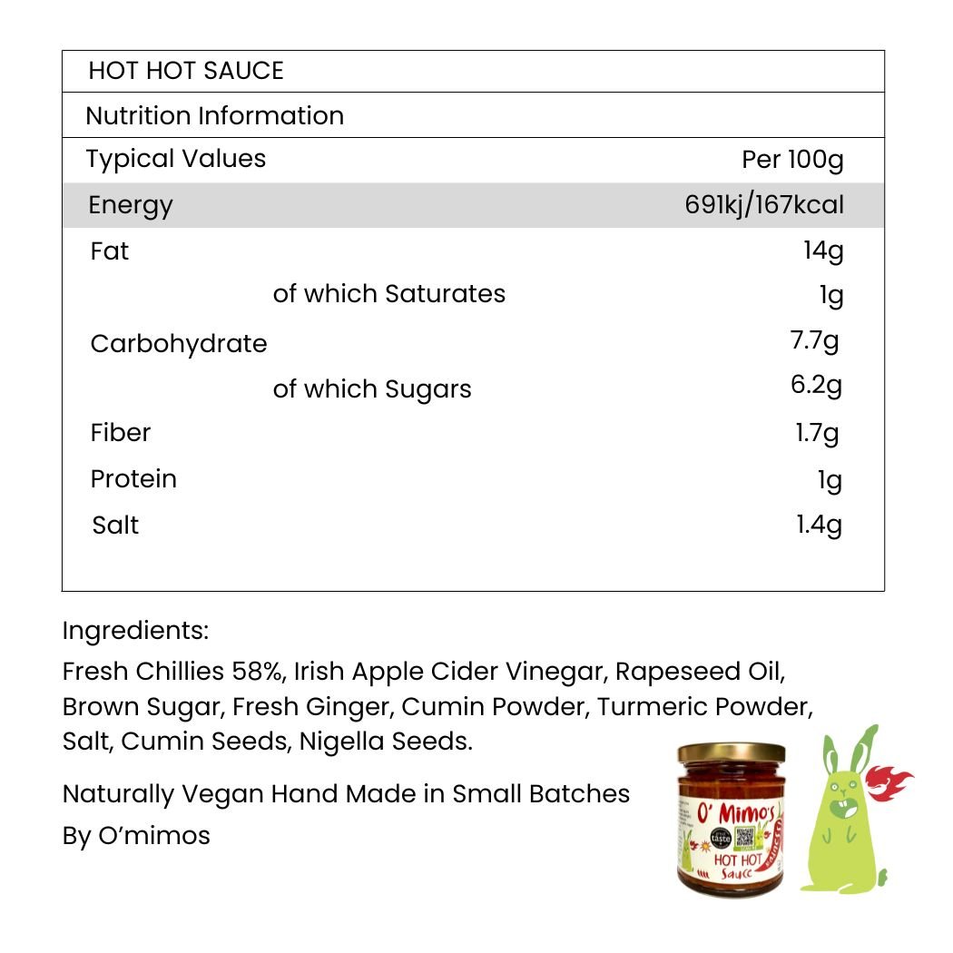 Detailed view of O’Mimo’s Hot Chilli Sauce label, showcasing the bold design and product information.