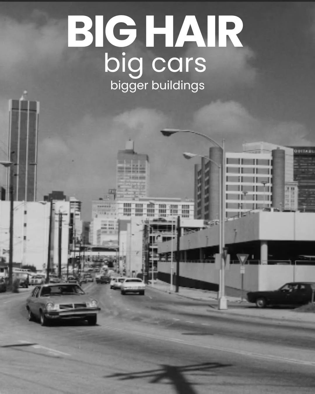 This westward view down Decatur Street captures a city in transition. In the foreground: mid-century cars cruising past low-slung warehouses and the fading hum of old trolley lines. In the distance: Atlanta's skyline was punching upward, with the cyl