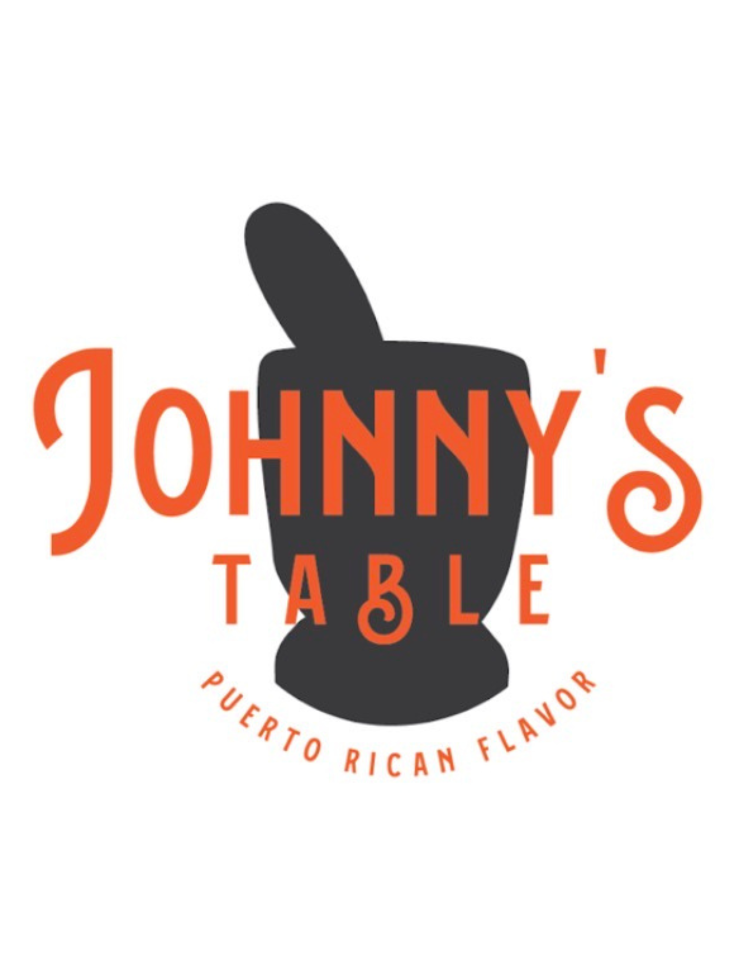 Logo for Johnny's Table featuring a black silhouette of a chefs hat, with the text 'Johnny's Table' in orange, and additional text around the logo reading 'Puesto Rico, Canadian Flavor, Pufferto Rican, Flavor'.
