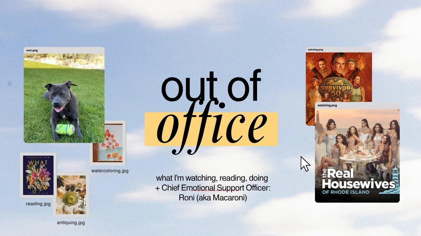 A digital collage titled 'out of office' with photos of a dog with a tennis ball, a book cover titled 'What My Bones Know,' a watercolor painting, a reality TV show poster for 'Survivor 50,' and a 'Real Housewives of Rhode Island' poster, all set against a sky background.