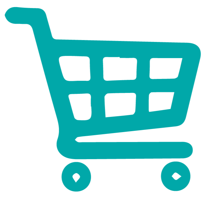 A teal shopping cart icon with empty basket and two wheels.
